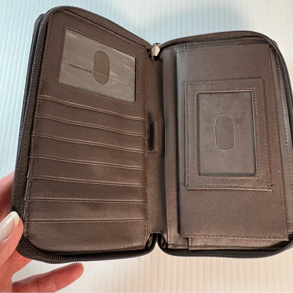 Vintage Brown Leather Zip-Around Checkbook Wallet Organizer
